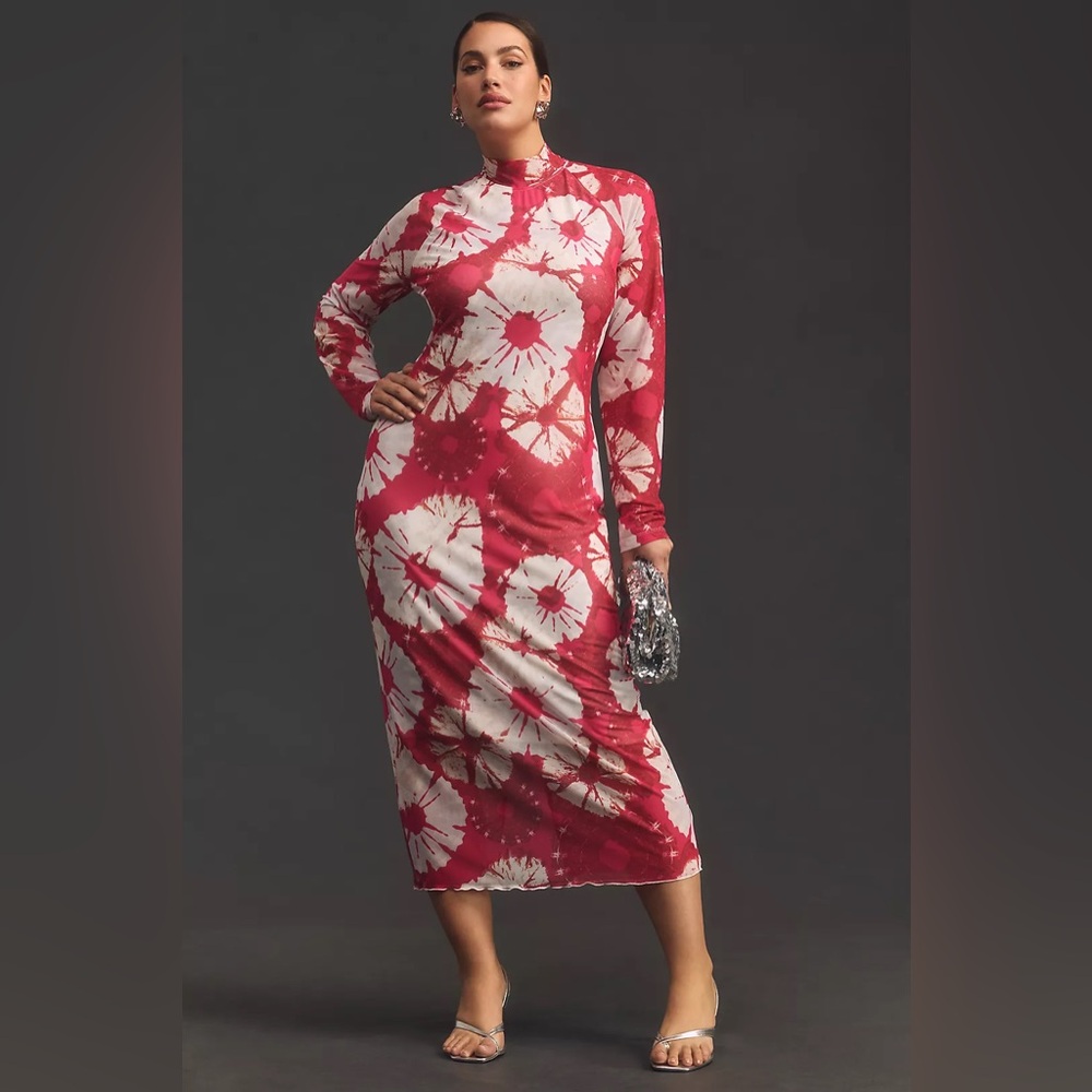 Anthropologie Red and White Tie-Dye Long Sleeve Dress